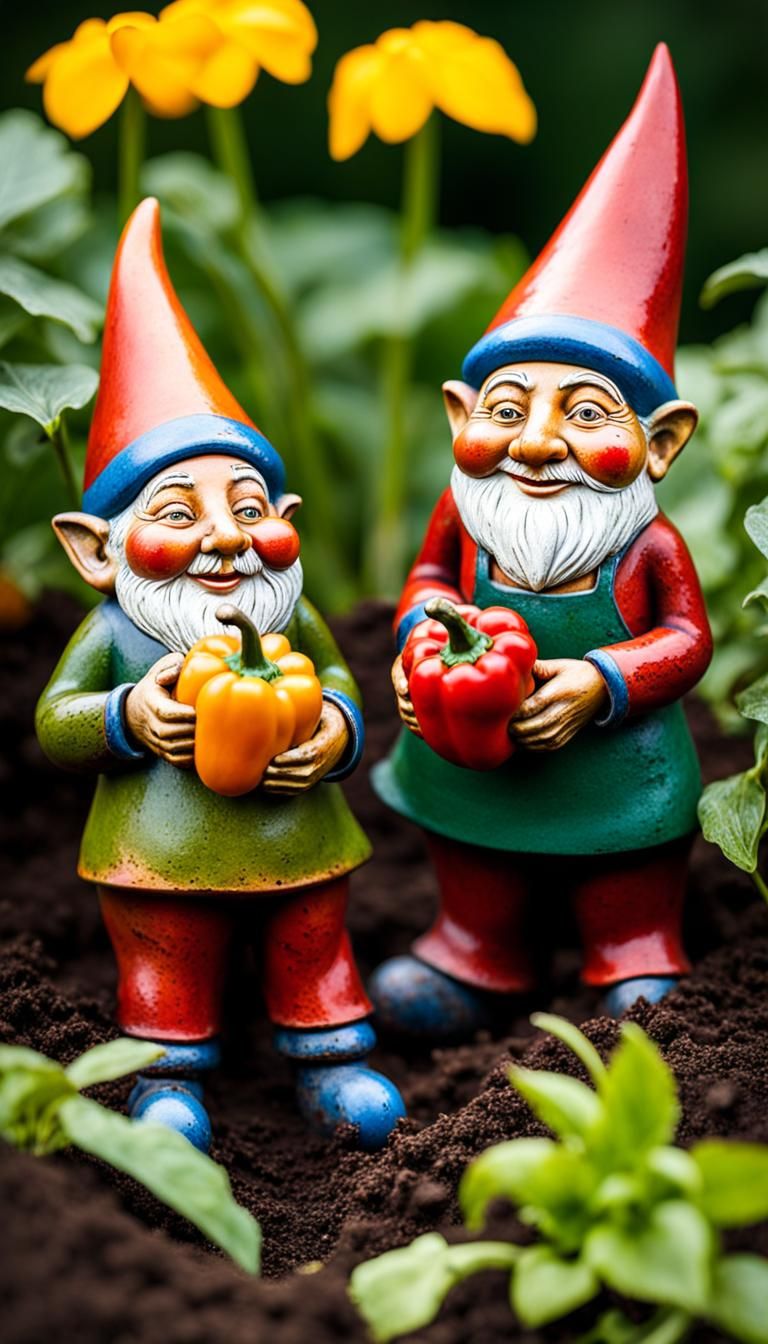 Whimsical Gnomes Harvesting Peppers in Garden