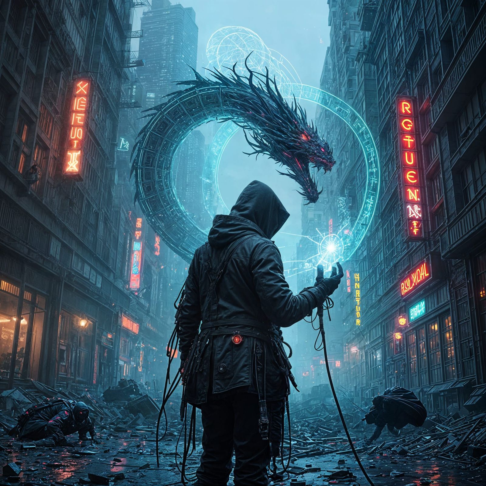 Cyberpunk Sorcerer Tames Digital Storm in Ruins of Megacity