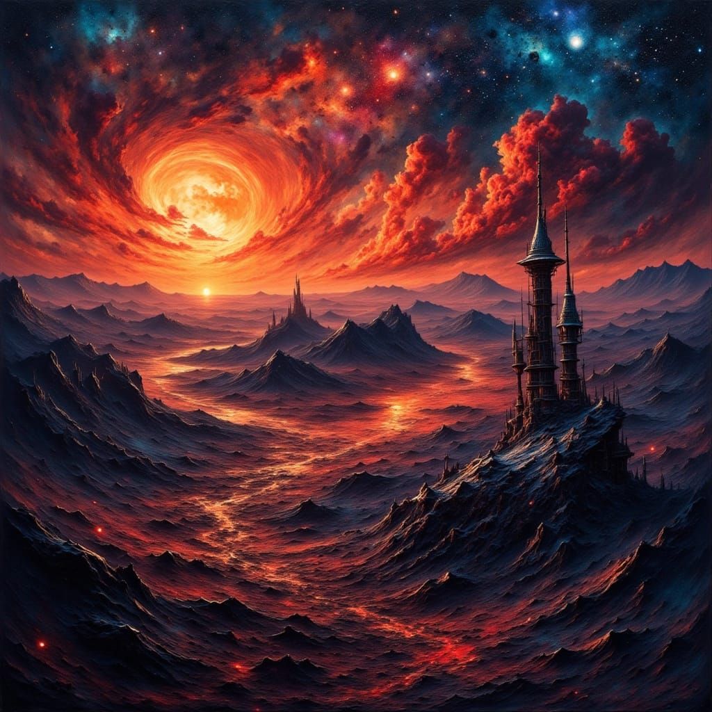 Grungy Space Station Sunset as Oil Painting