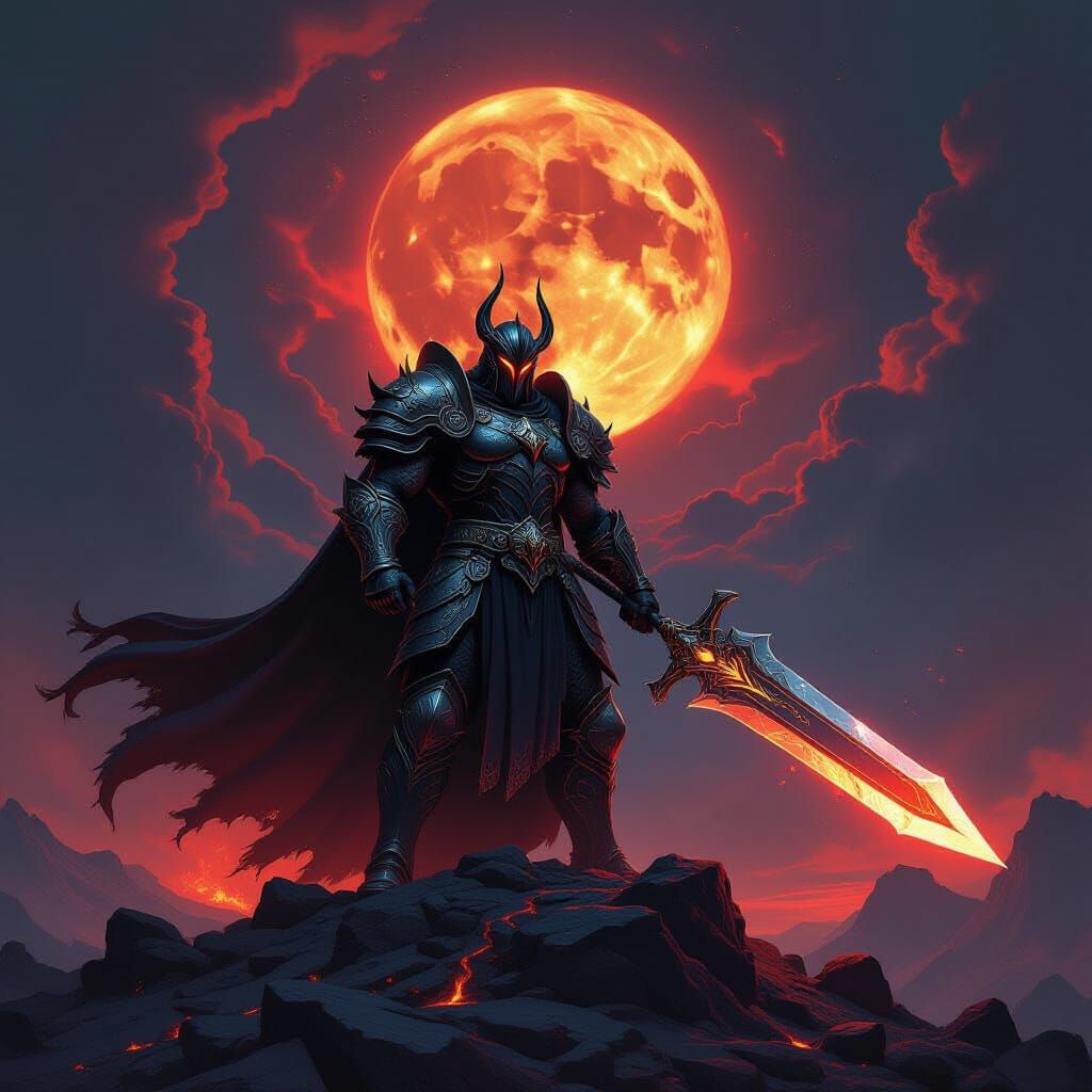 Colossal Warrior Boss on Volcanic Peak in Dark Fantasy Style