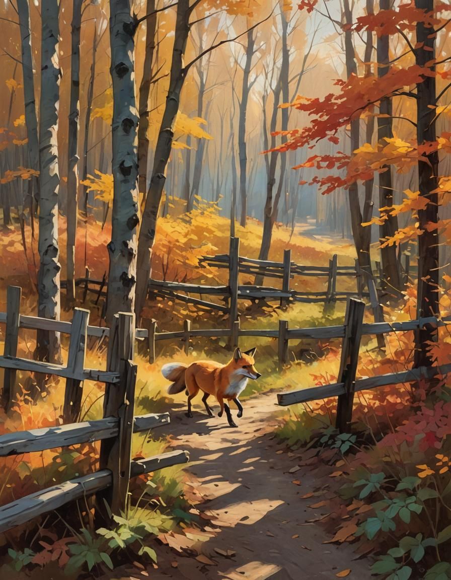 Fox in Autumn Landscape: Impressionist Style