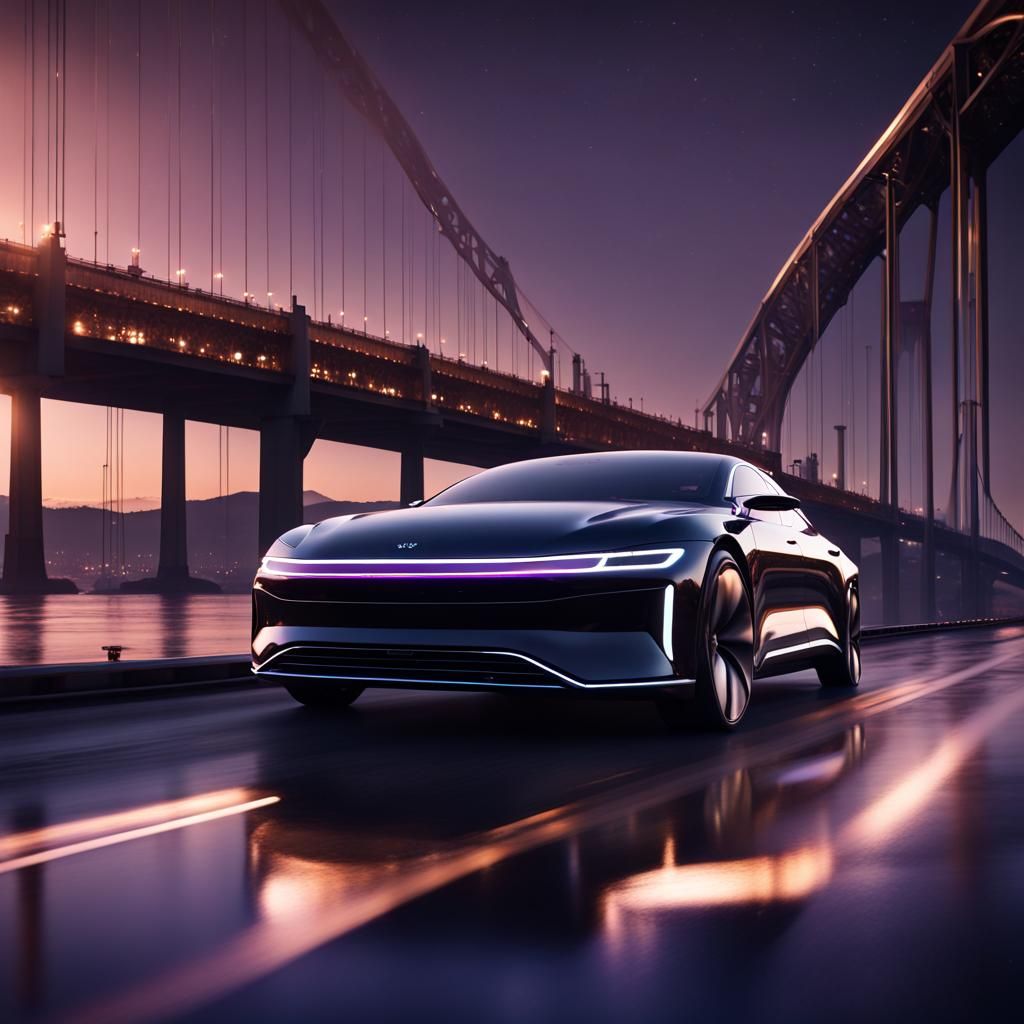 Lucid Air Races Across California Bridge at Night