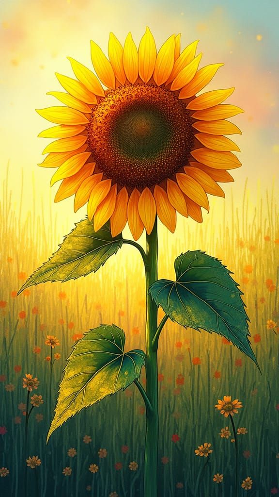 Pointillist Sunflower in Golden Evening Sunlight
