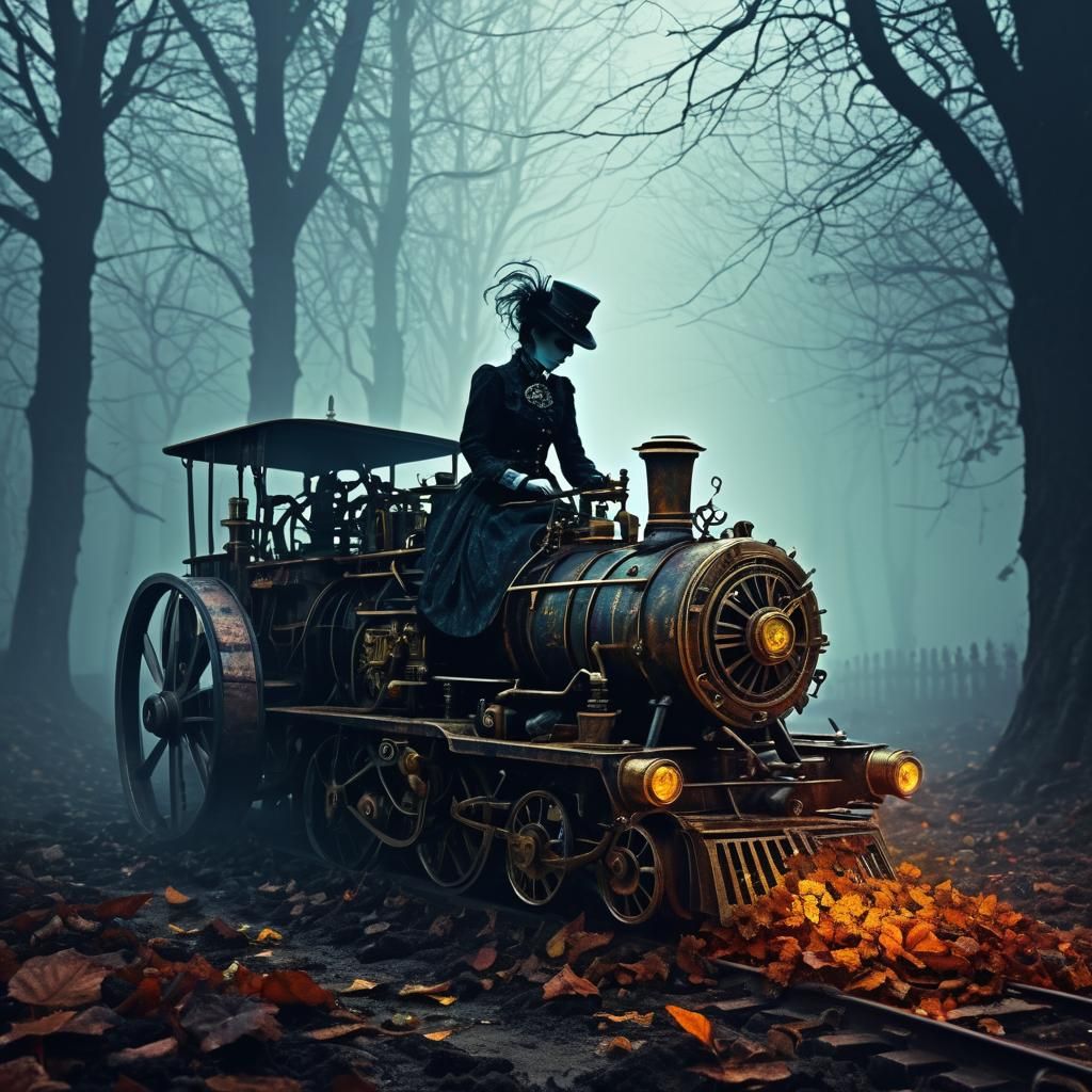 Luminous Silhouette: Steampunk Engine with Woman