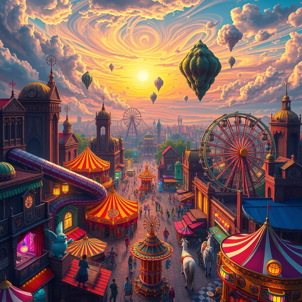 Surreal Carnival Cityscape in Psychedelic Style