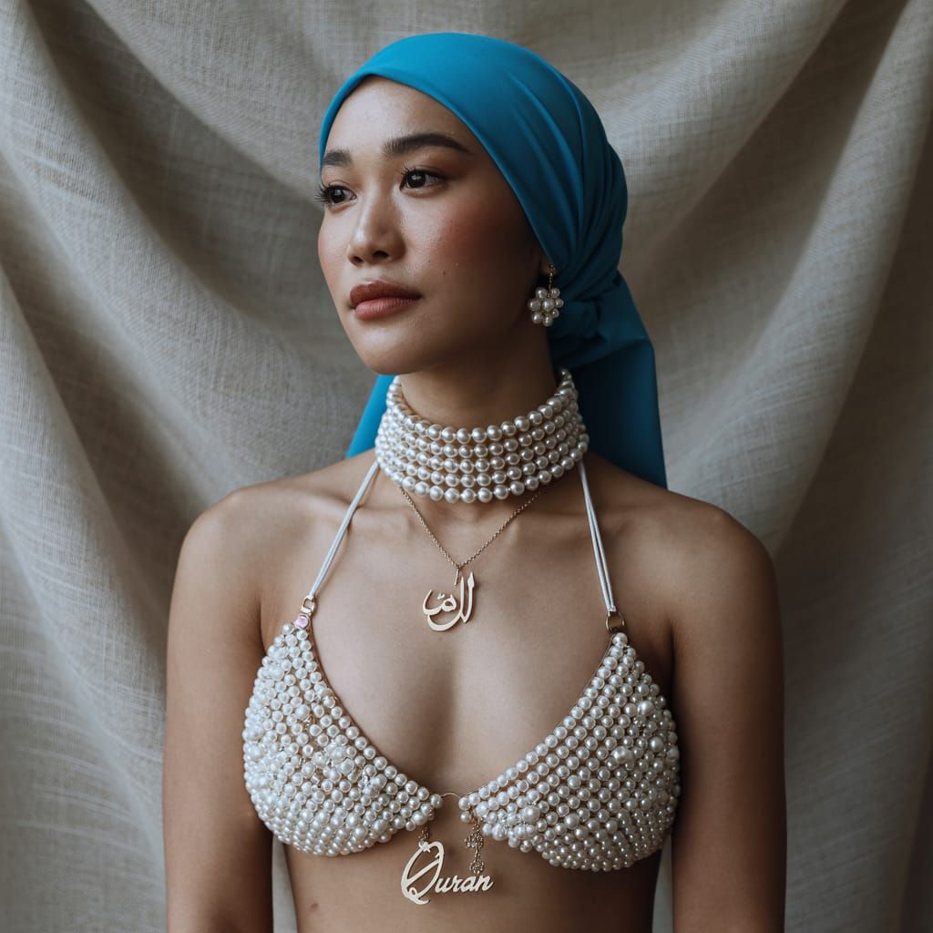 Asian Woman in Pearl Bikini and Hijab Portrait