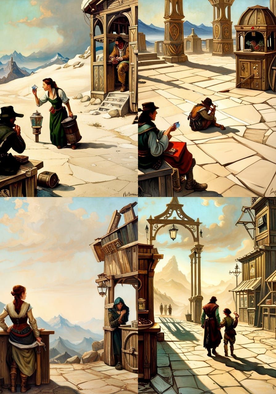 A merchant in an outdoor kiosk in Skyrim selling ornate crystals and gemstones is being robbed blind by a stealthy thief...