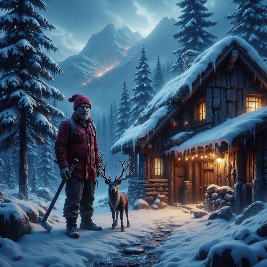 Sinister Lumberjack Meets Timid Reindeer in Snowy Cabin