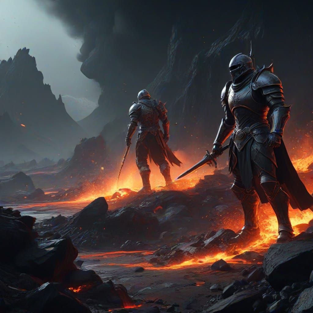 Fantasy Knights Engage in Epic Battle Amidst Lava-Filled Vol...