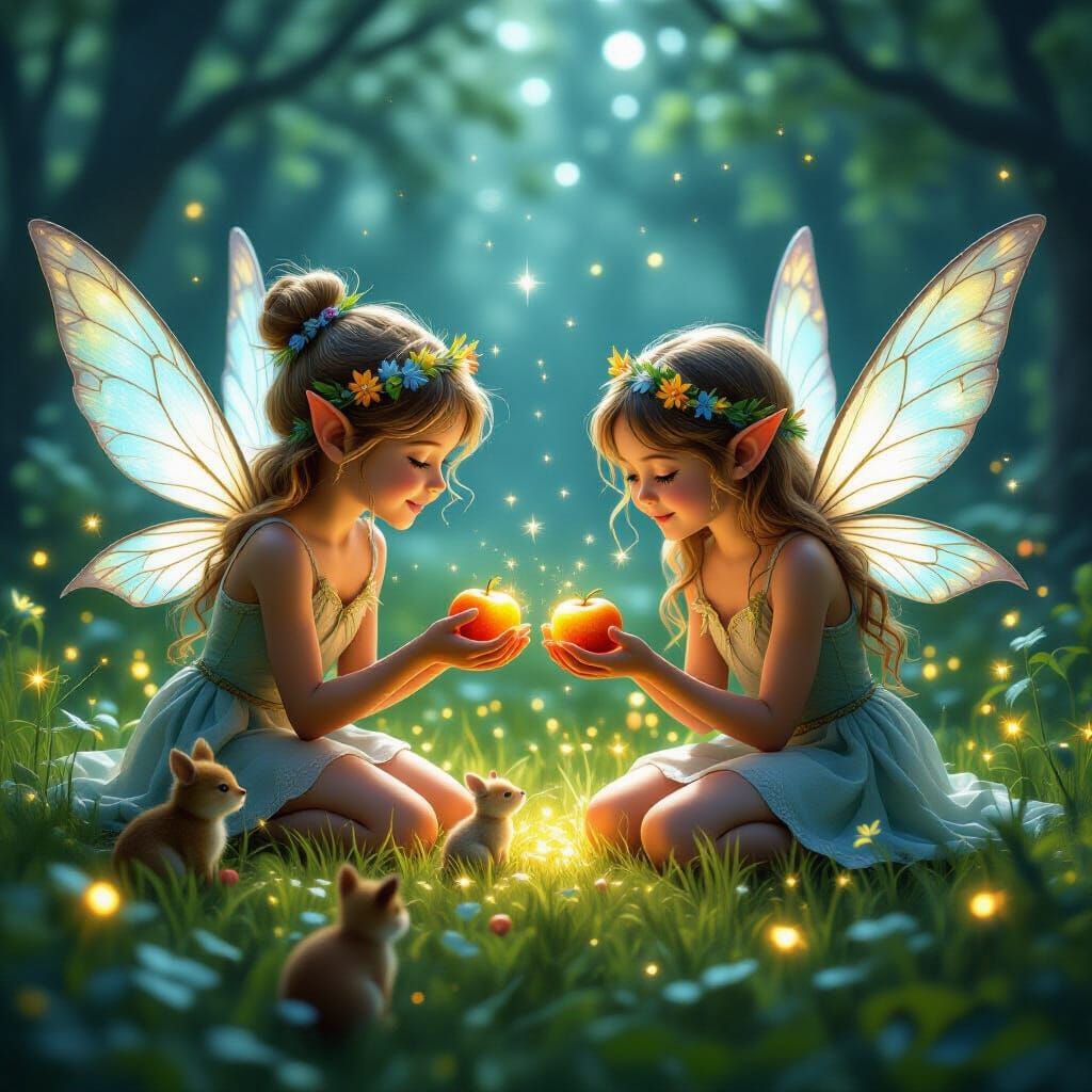 Fairies Share Glowing Fruit with Forest Animals