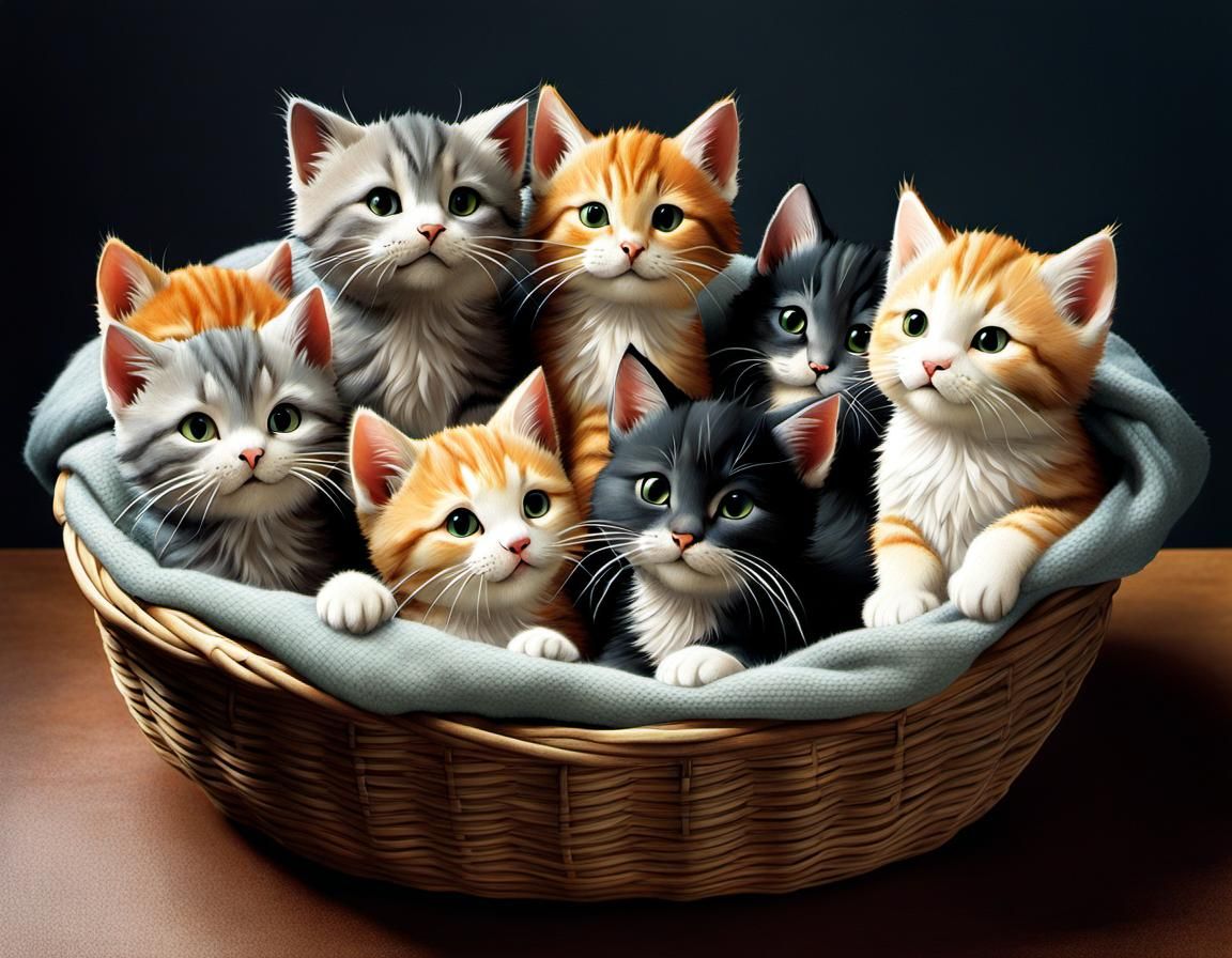 Playful Kittens in a Basket, Illustrated Style
