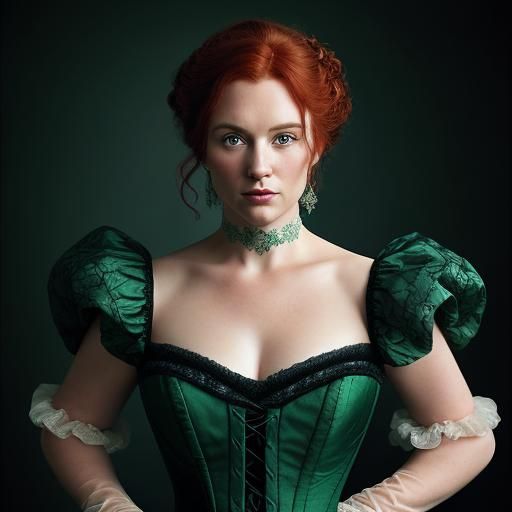 Elegant Irish Woman in Green Gown, Bridgerton Style