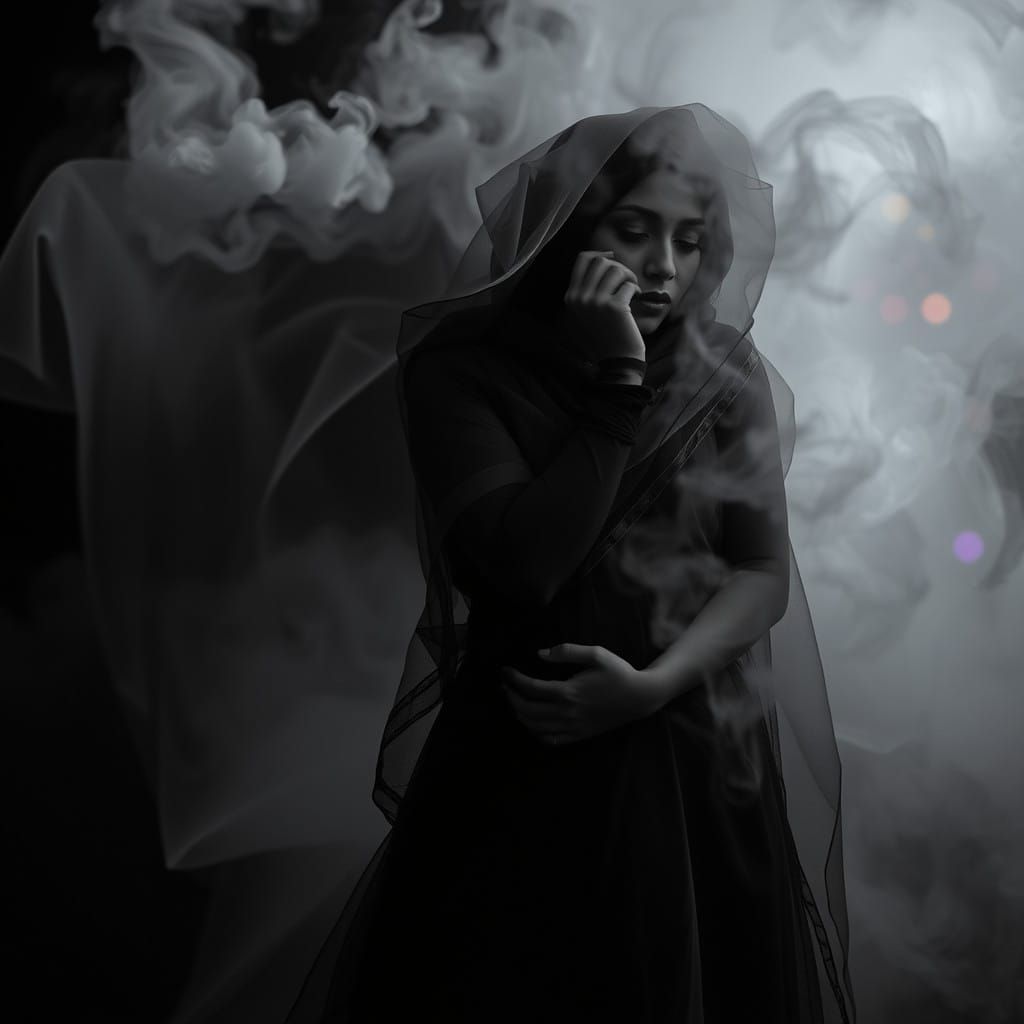 Ethereal Courtesan Concealed in Iridescent Smoke