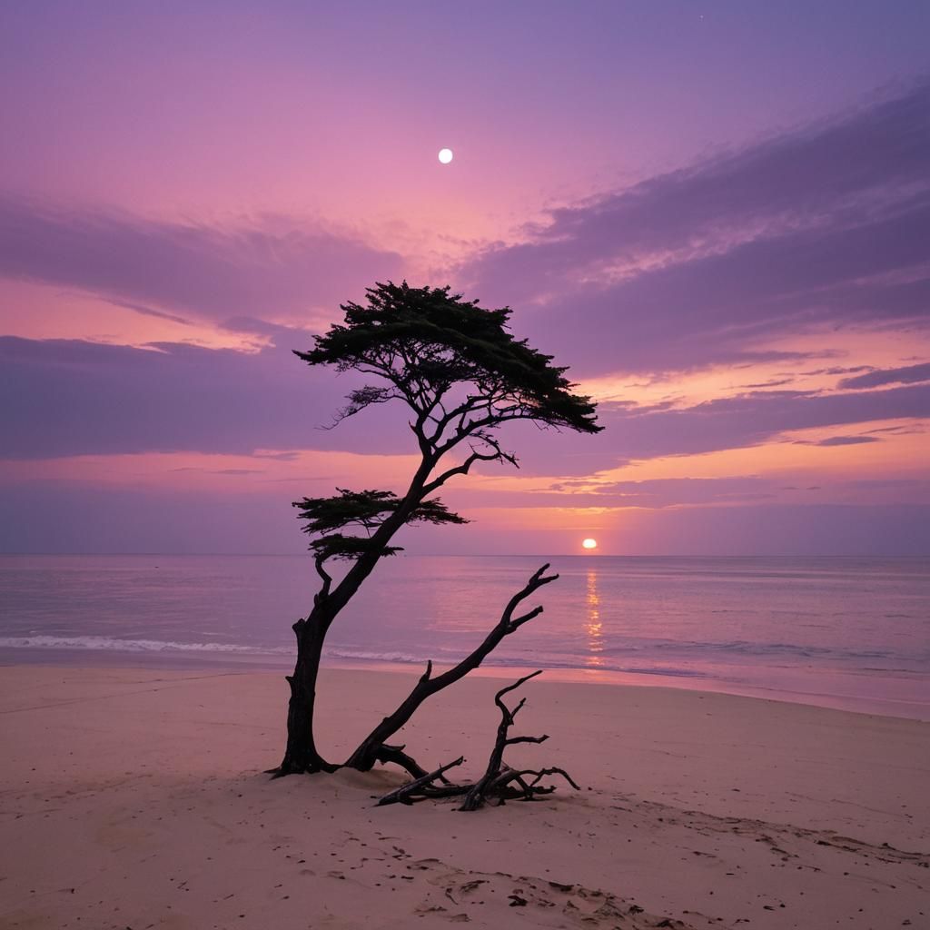 Purple Sunset Over Sandy Beach Landscape