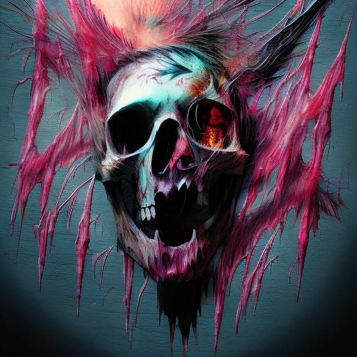 Raven and Skull in Glass Bottle, Impasto Style