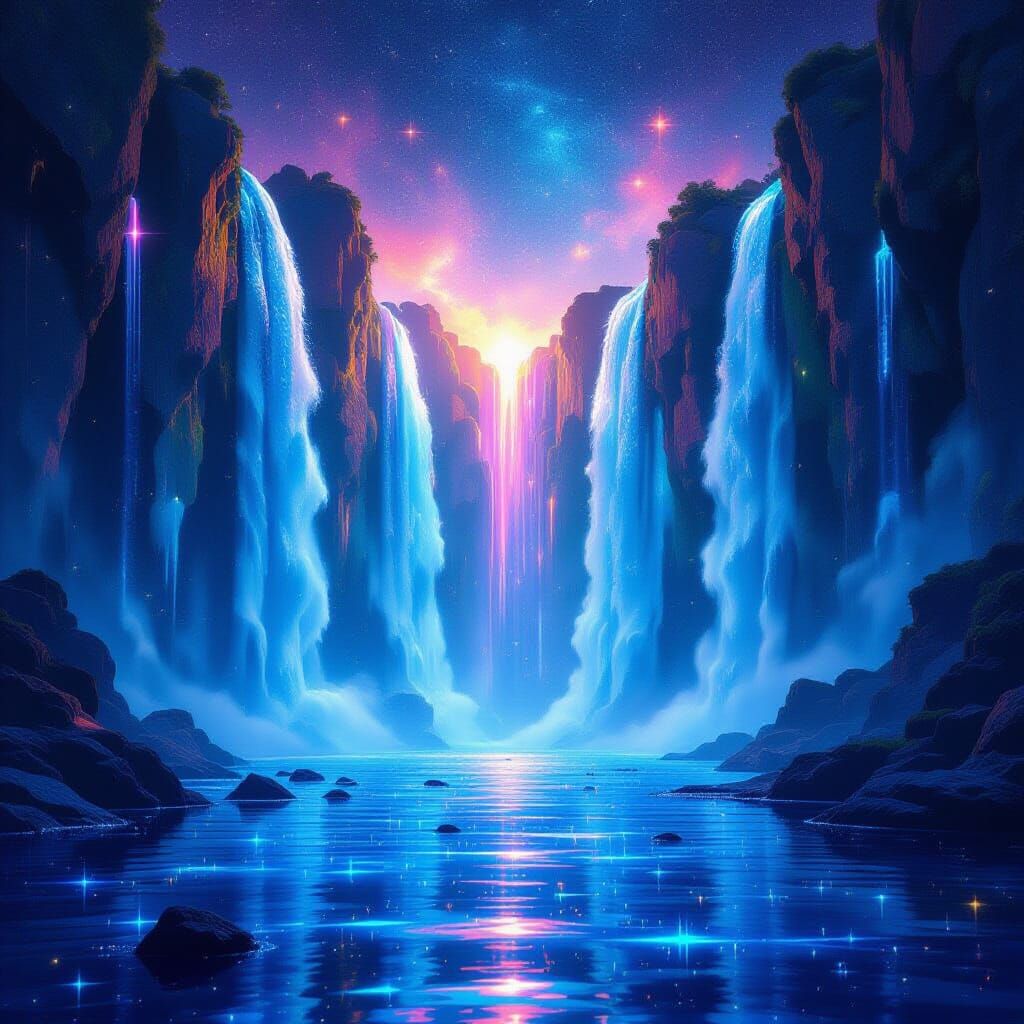 Neon Waterfall Fractal Matrix in Starry Void