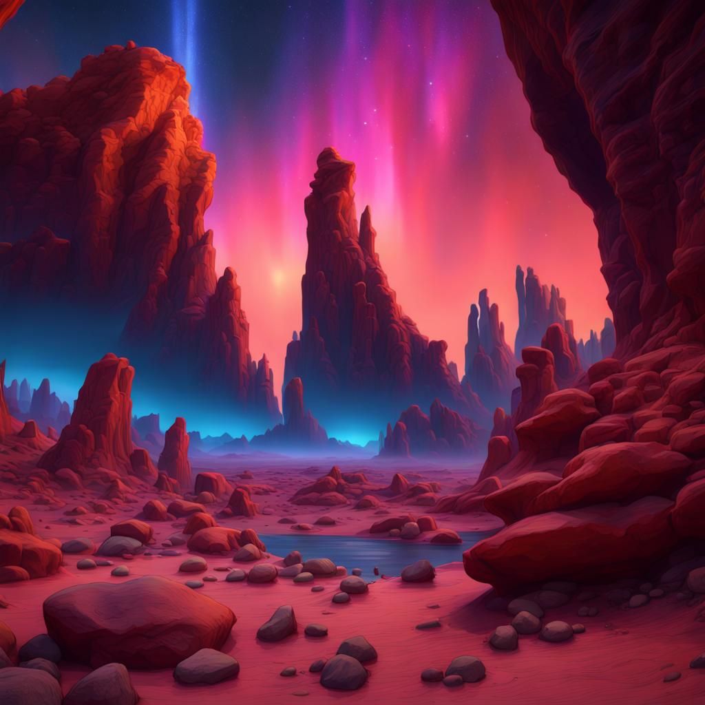 Vibrant Desert Rock Formations Under Northern Lights