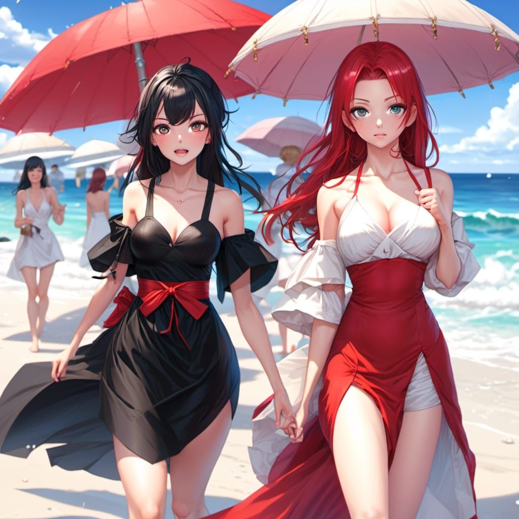 Anime-Style Women in Fancy Dresses on Beach