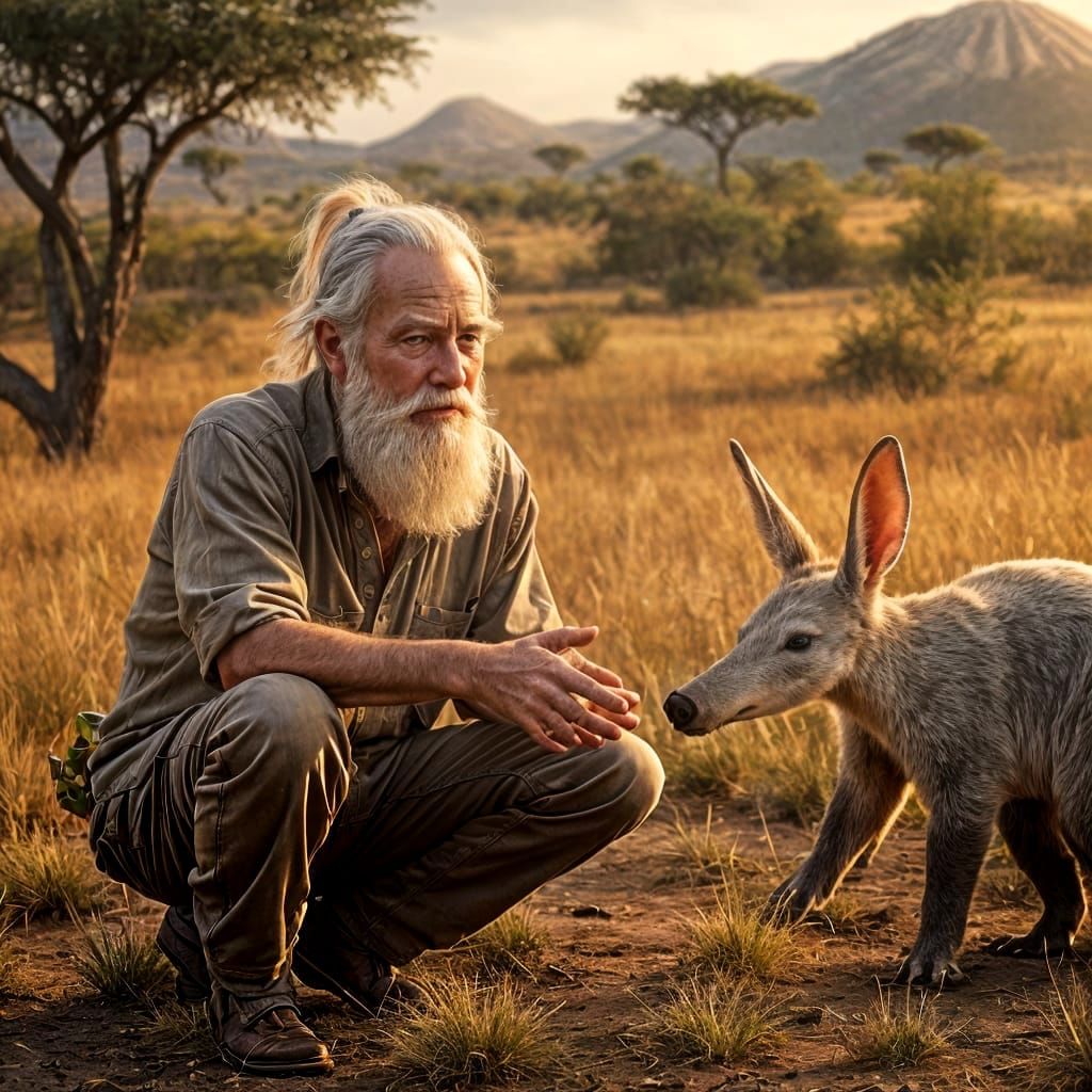 Old Man Chatting with Aardvark in African Landscape
