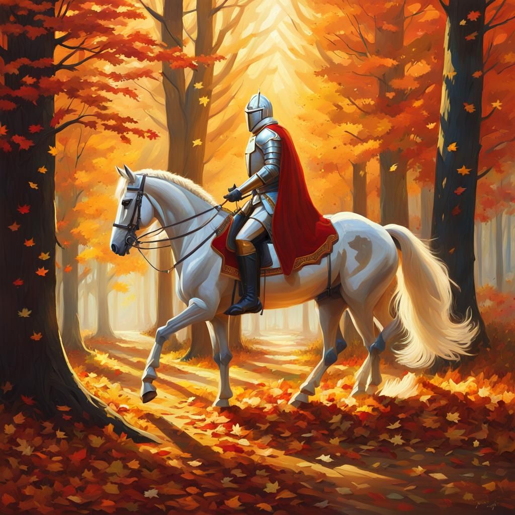Templar Knight on White Horse in Autumn Forest