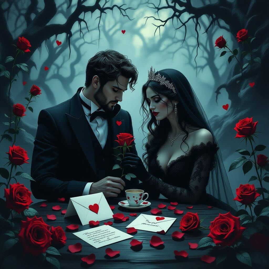 Eerie Valentine's Day Scene with Haunted Hearts