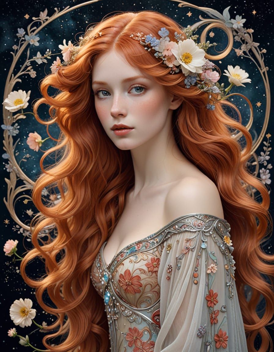 Art Nouveau Portrait of Redhead Adorned with Flowers and Sta...