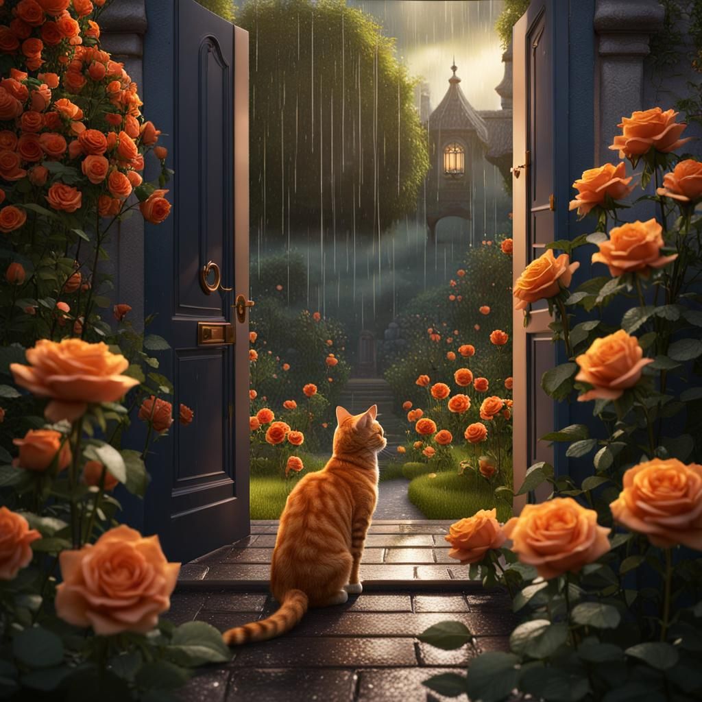 Ginger Cat Observes Rainy Rose Garden
