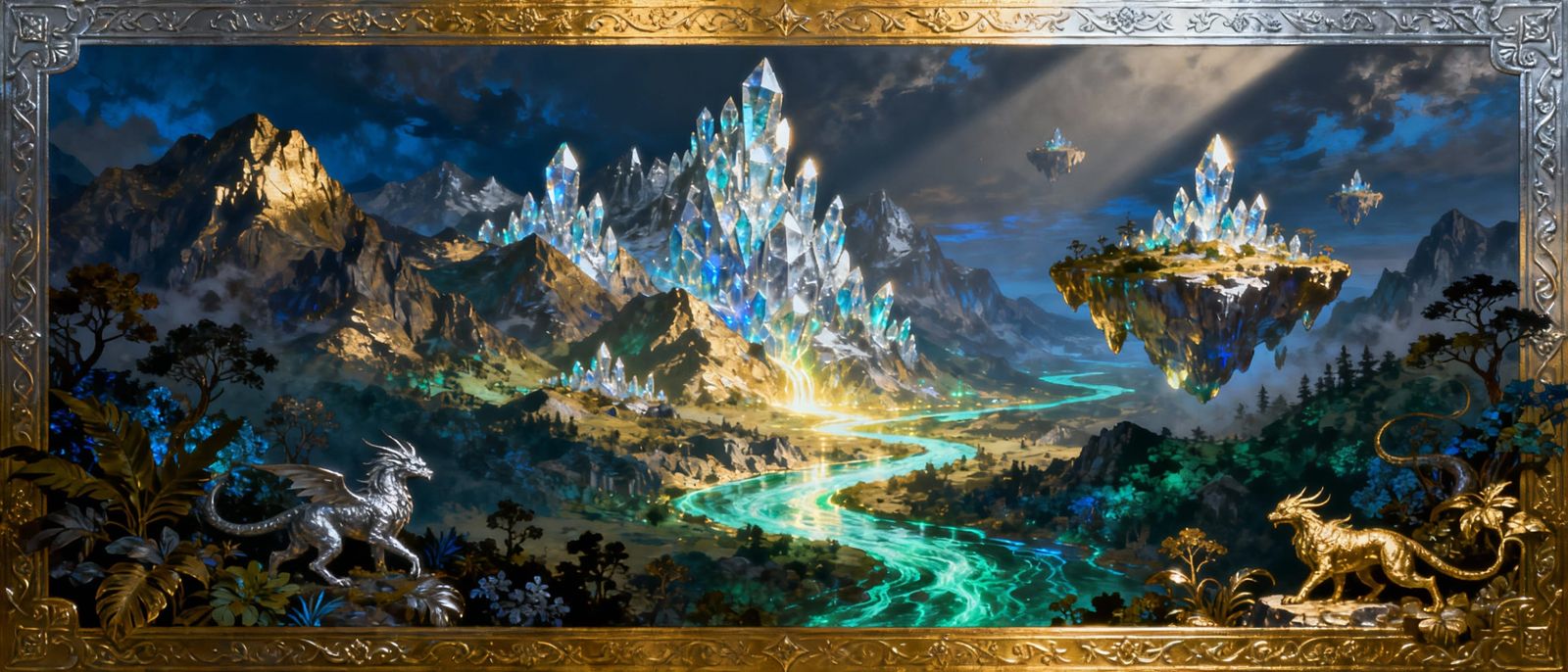 Fantasy Landscape Art in Embossed Gold and Silver Style