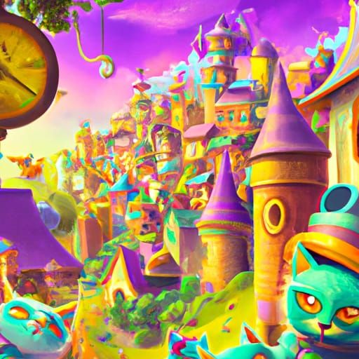 Fairy Town with Kittens and Clocks in Gouache