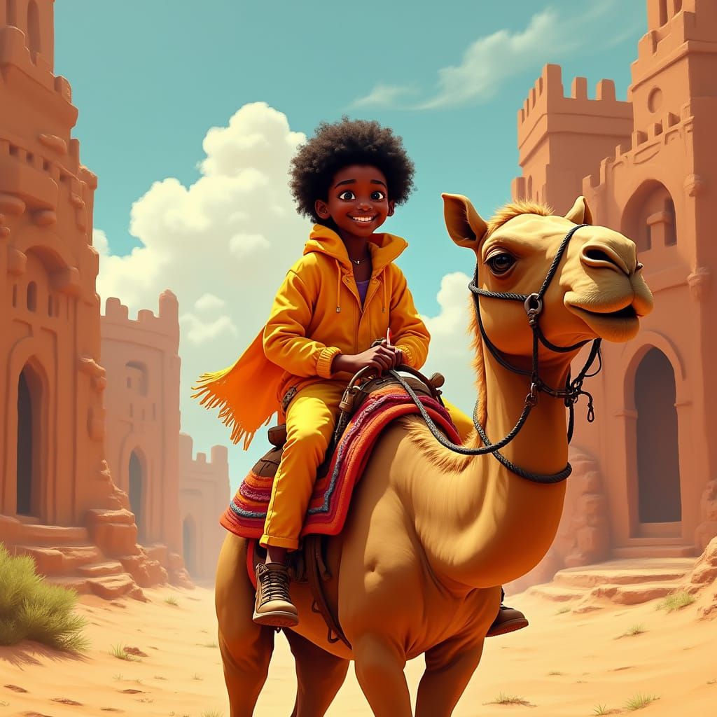 Teenager Rides Camel in Desert: Pixar Animation Style