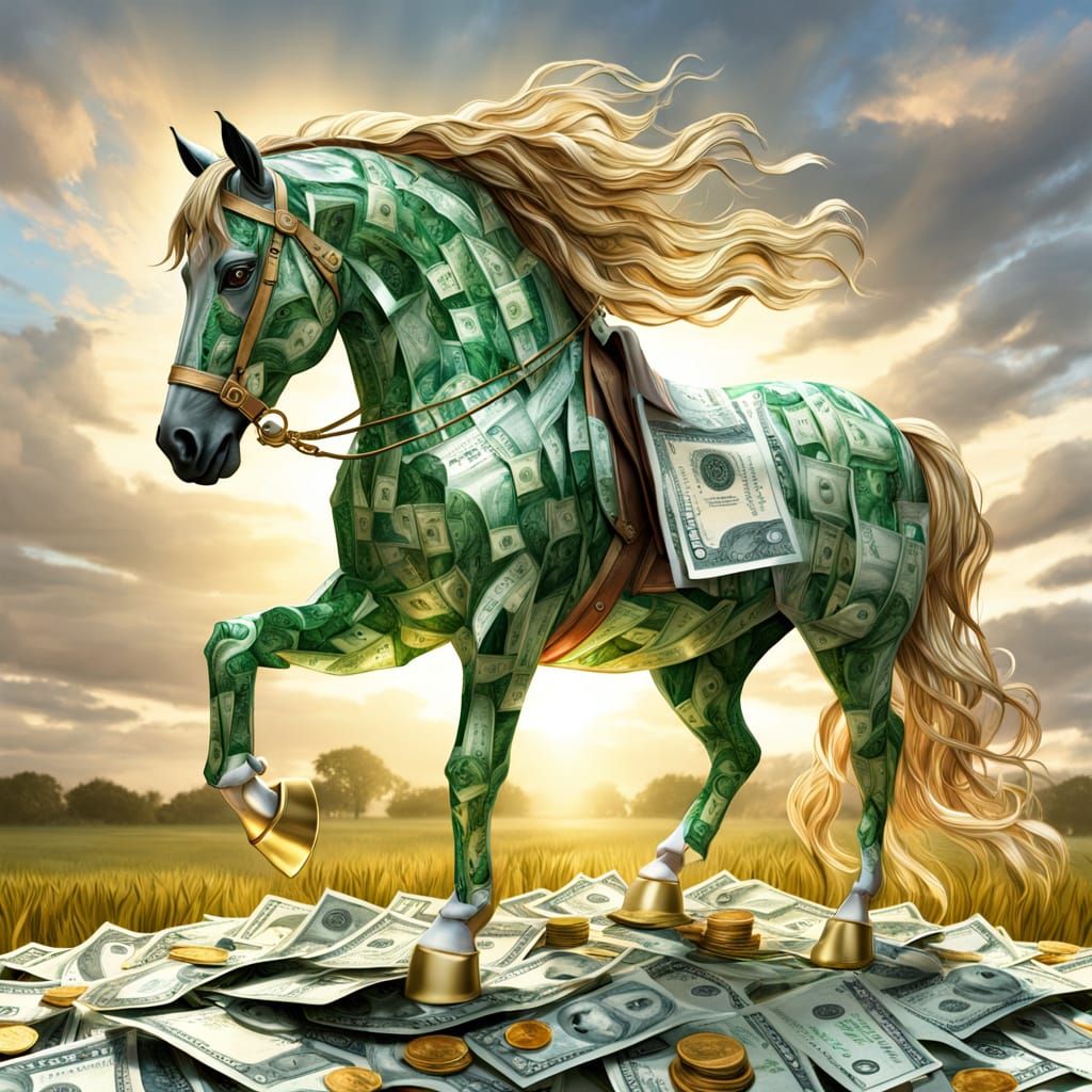 Surreal Horse Made of Money in Golden Hour Light