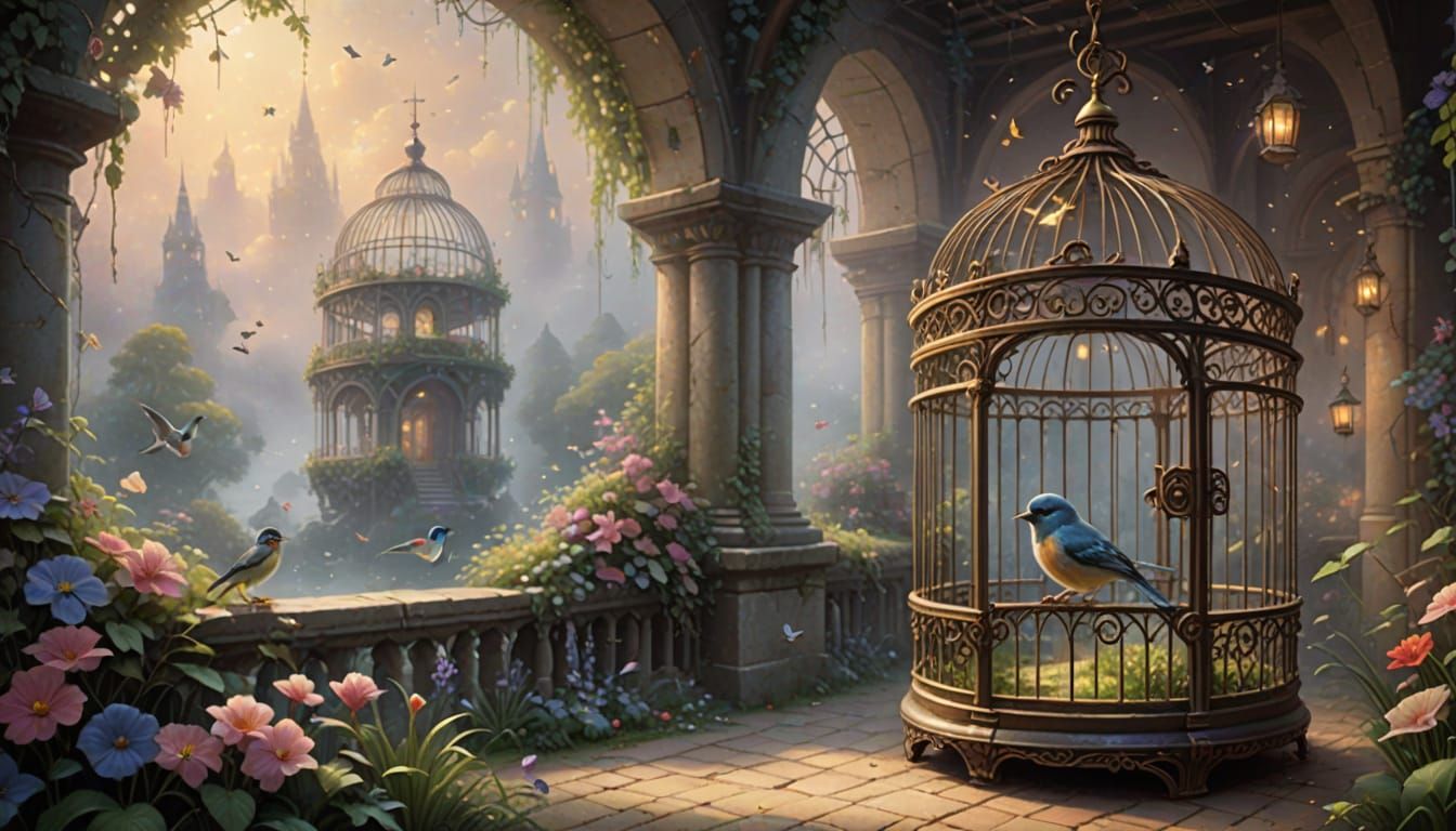 Bird Trapped in Fantasy Cage Gazing Outward