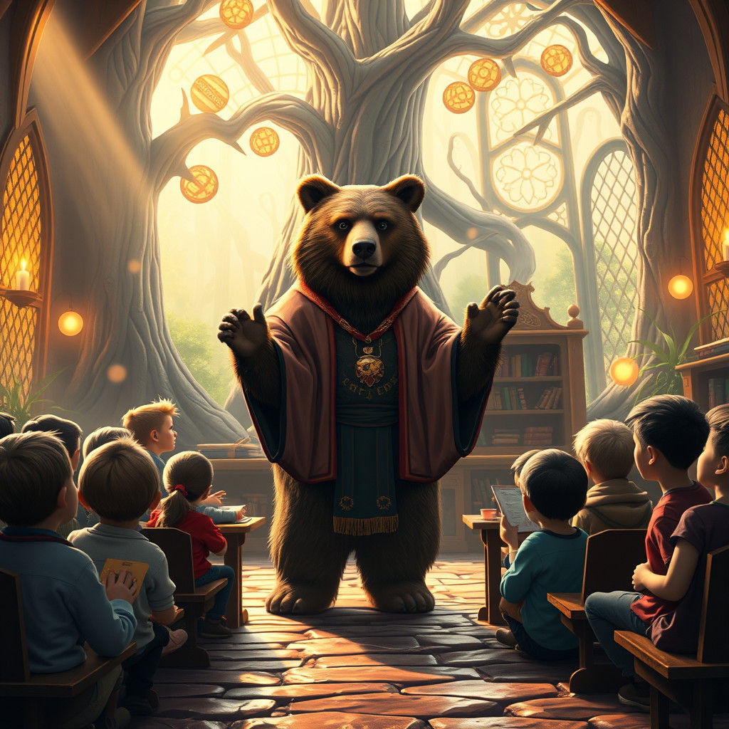 Bear Professor Teaches Magic in Fantasy Classroom