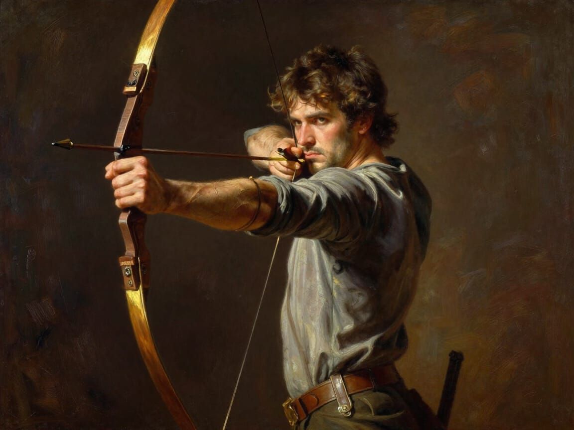 Archer in Dynamic Pose, Focused on Target