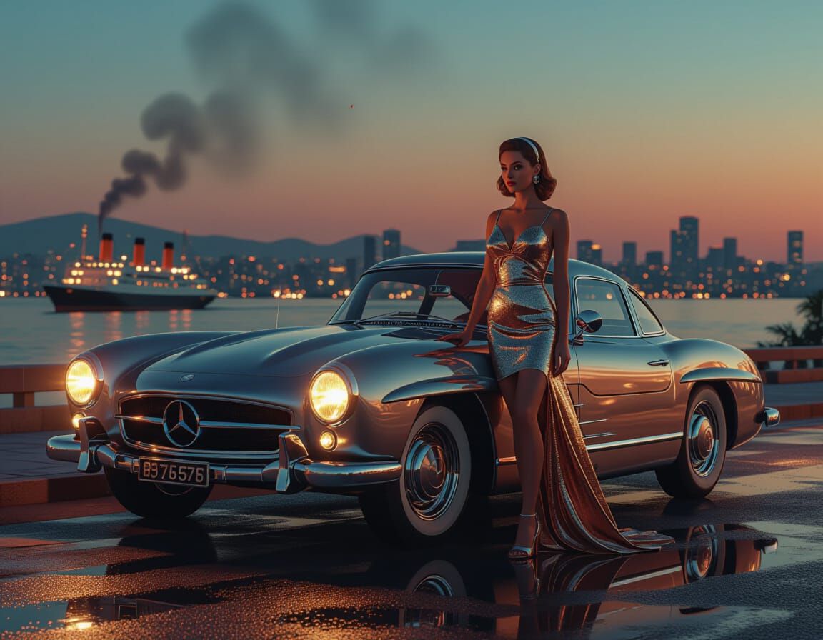 Retro Brass Girl with Mercedes-Benz in Evening Light