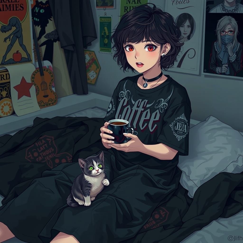 Gothic Emo Girl Sips Coffee with Kitten in a Moody Anime Sce...