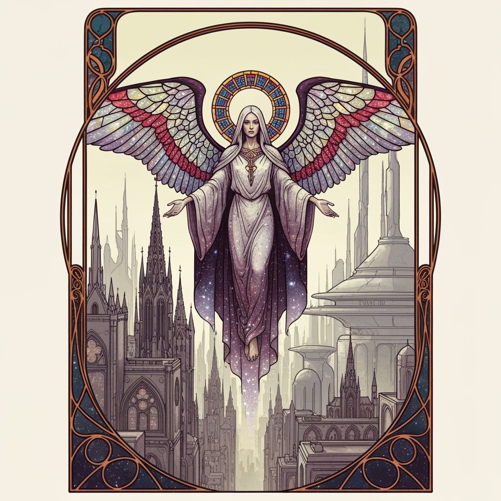 Celestial Being Above Futuristic City in Art Nouveau Style