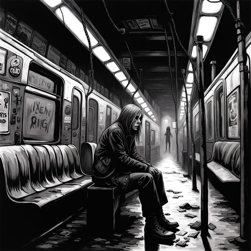 Gothic Model in Subway, Black and White Photography
