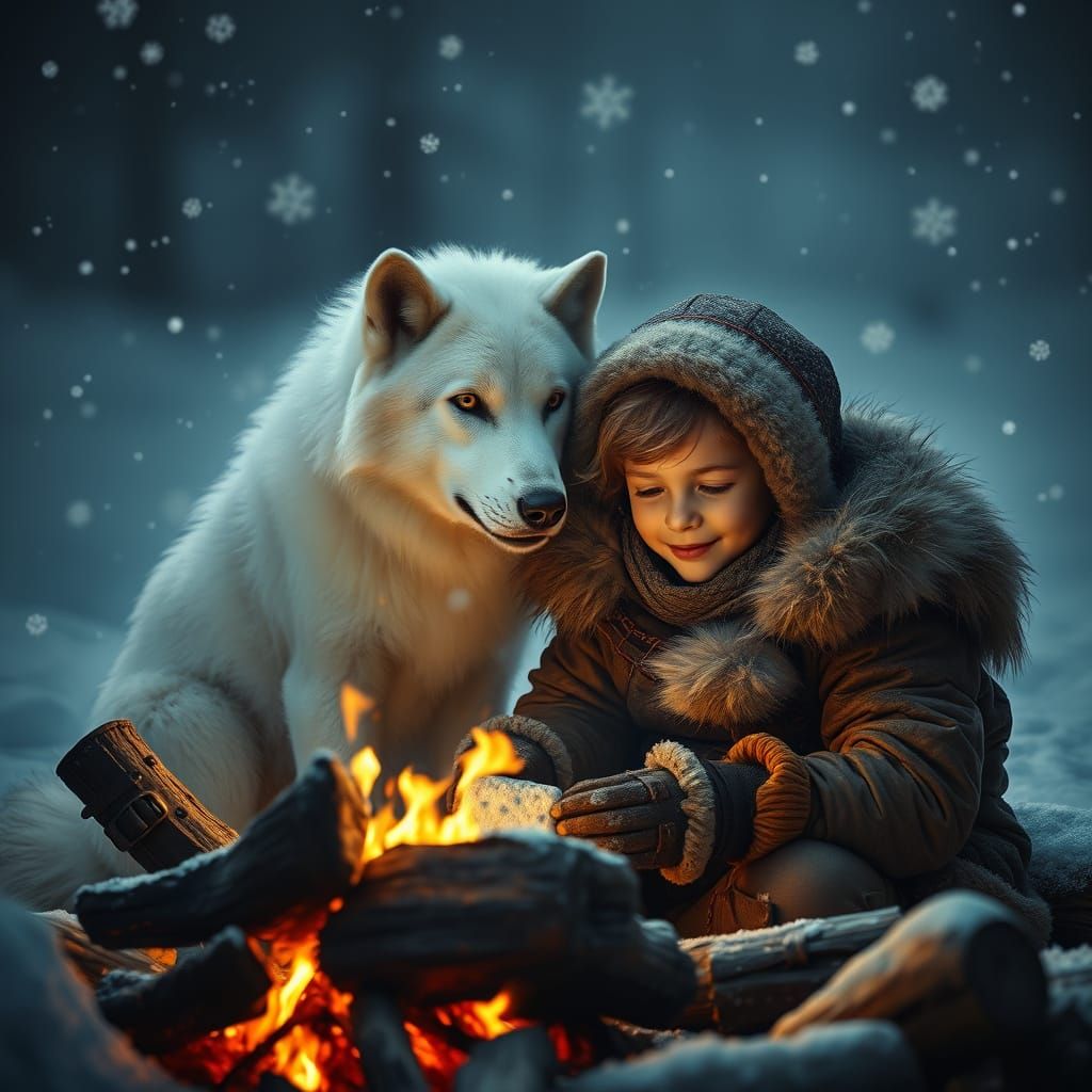 Boy Toasts S'mores with Majestic White Dire Wolf in Winter W...