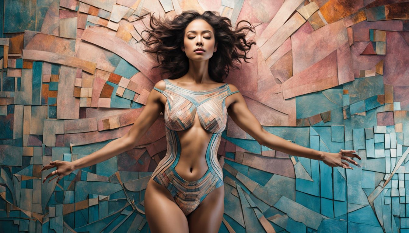 Geometric Fusion: Woman in Dreamlike Fantasy Art