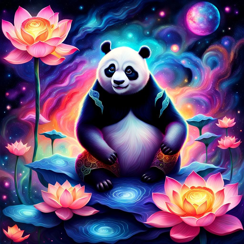 Surreal Kungfu Panda Amidst Glowing Cosmic Mandalas