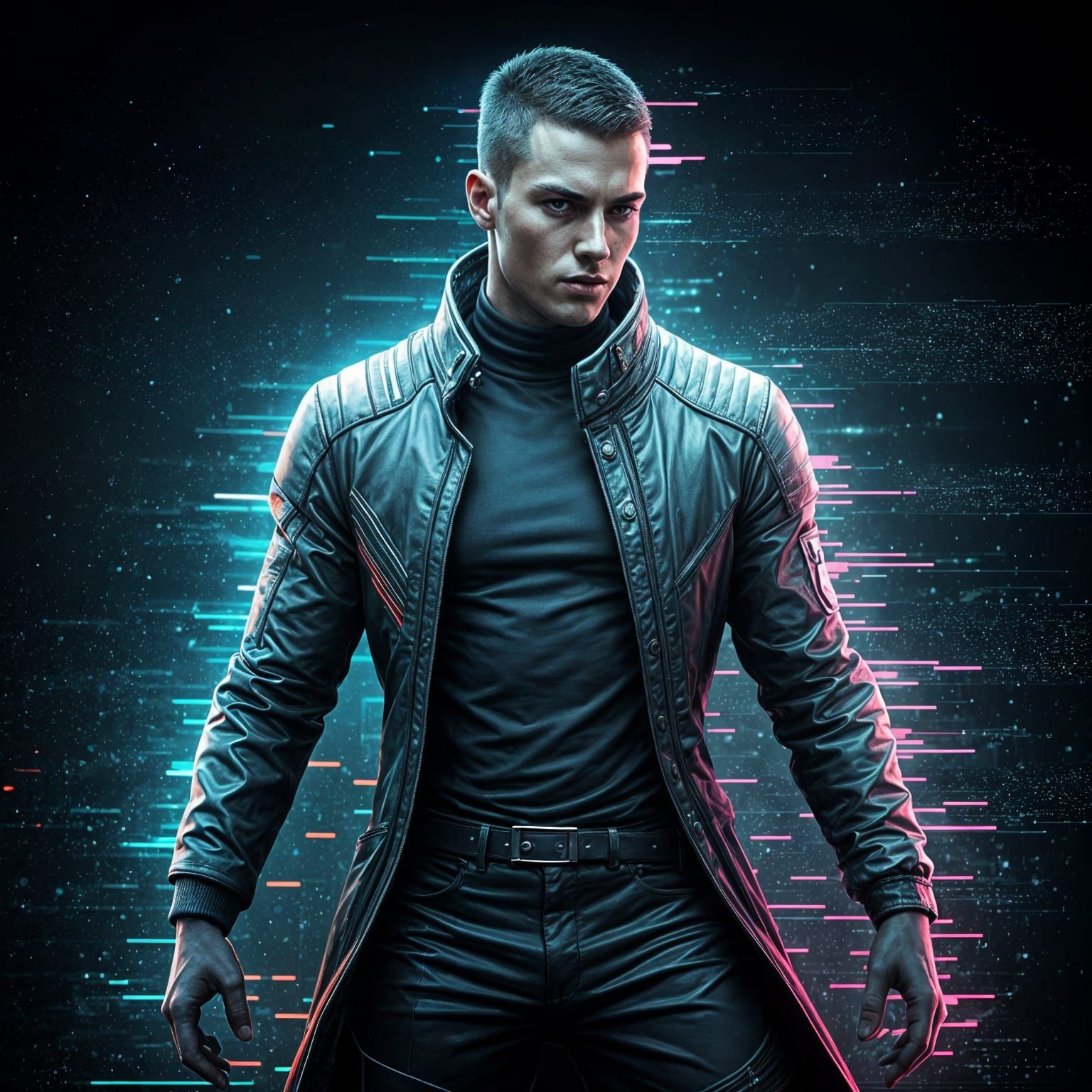 Glitching Cyberpunk Hero in Distorted Digital Realm