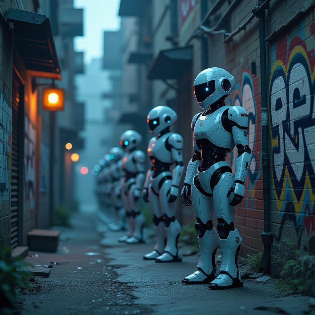 Robots in Dystopian Alleyway, Gritty Urban Scene