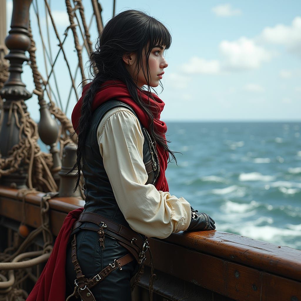 Pirate Captain on Ship Deck in Photographic Style