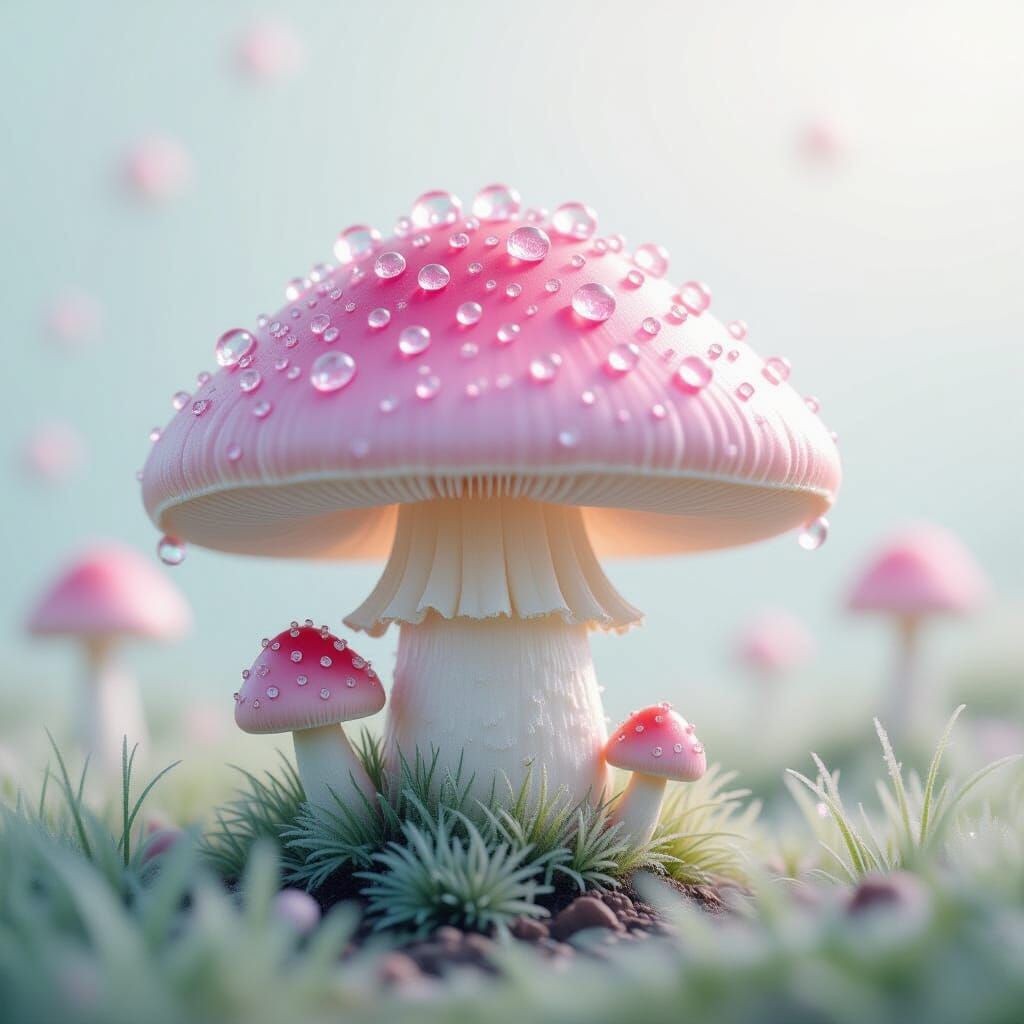 Whimsical Pink Mushroom with Crystal Dew Drops