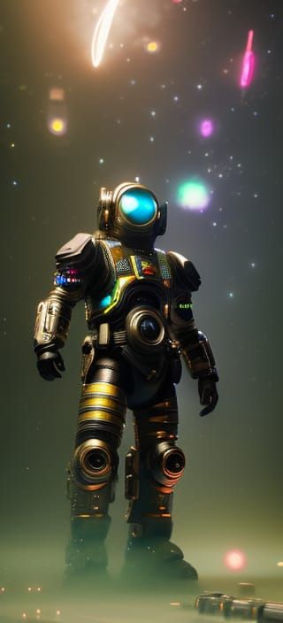 Atompunk Astronaut in Space with Cyberpunk City