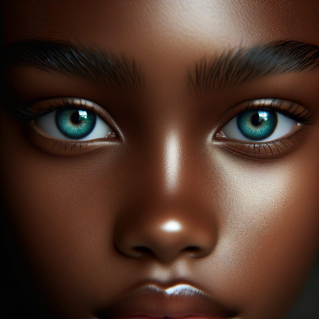 Close-up of the eyes of a black girl with blue green eyes, s...