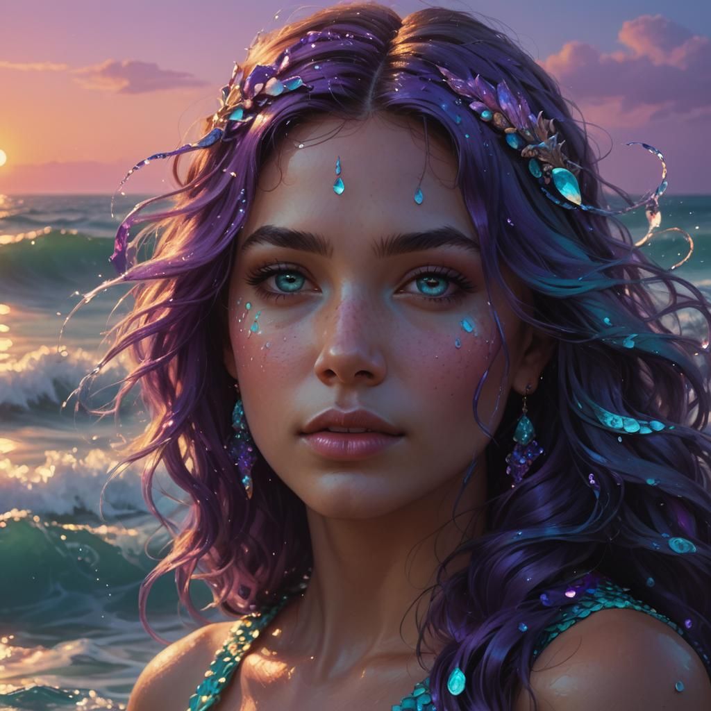 Turquoise Mermaid in Setting Sun, Hyperdetailed Art