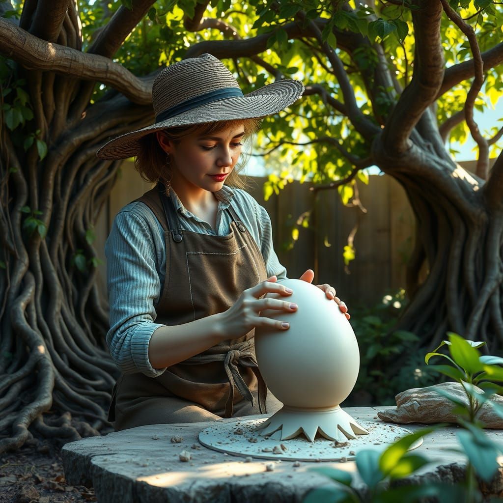 Clay Sculptor in Sun-Dappled Backyard: Matte Painting