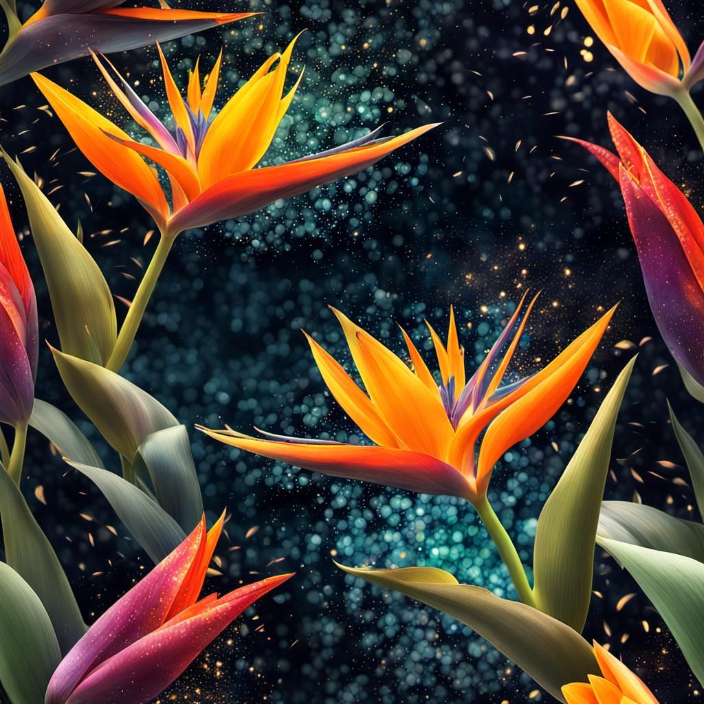 Surreal Strelitzia Garden Diptych at Night